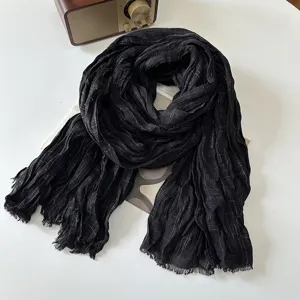 Black cotton linen plaid pleated scarf retro autumn winter vintage women fashion accessory