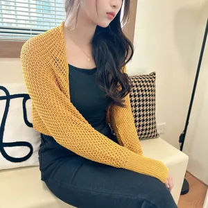 Yellow knit shrug for women, lightweight summer cardigan sleeve bolero cover up for sunny days.