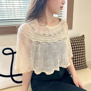 Women summer hollow crochet knitted short cape, beige stylish breathable sun protection shawl.