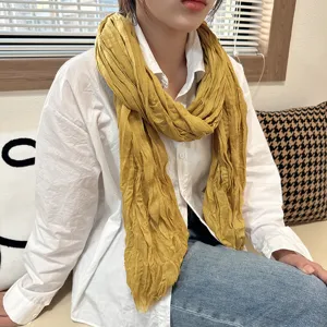 Yellow cotton linen pleated scarf for women, vintage retro style autumn winter accessory.