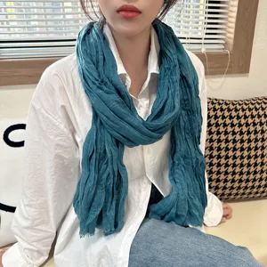 Classic autumn winter crinkled linen scarf for women, vintage solid color student style travel shawl.