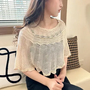 Women hollow out knit shawl summer air conditioning room short cape top elegant daily wear