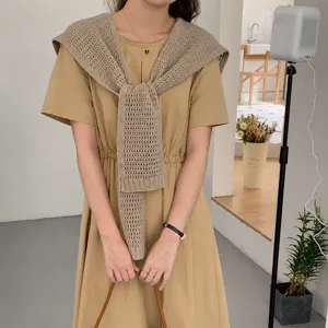 Knitted hollow shawl for women, sweet solid color tie cape, stylish daily summer outerwear.