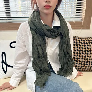 Women dark green crinkled plaid scarf vintage cotton linen winter travel fashion accessory