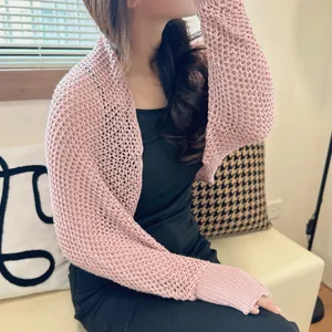 Pink knitted shrug for women, breathable summer arm cover and bolero cardigan for sun protection.