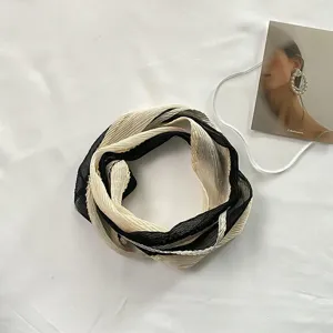 Pleated color-blocked small silk scarf for hair tying and bag decoration, stylish hair accessory.