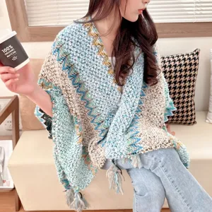 Women Bohemian Ethnic Style Colorblock Knitted Shawl Cape Vintage Fringe Wrap Winter Warm Casual Fashion Outerwear
