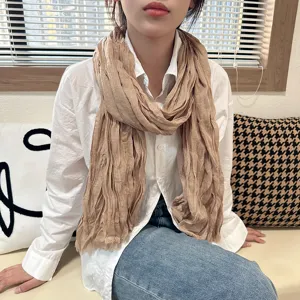 Khaki wrinkled scarf detail view, casual cotton linen blend accessory for women style.