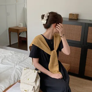 Knitted hollow small shawl for women, sweet solid color tie shoulder cape for daily wear.