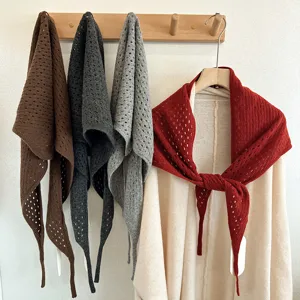 Knitted hollow triangular scarf wool shawl versatile solid color winter warm neck wrap detail