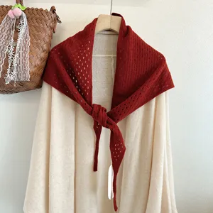 Red knitted hollow out triangle scarf women wool shawl Japanese style winter warm fashion accessory