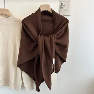 Sciarpa scialle triangolare in maglia 100% lana marrone foulard collo caldo tinta unita