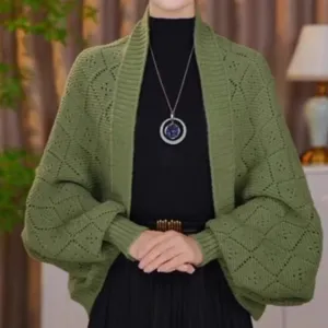 Green knit cardigan open front sweater, stylish diamond pattern lantern sleeve outerwear for women.