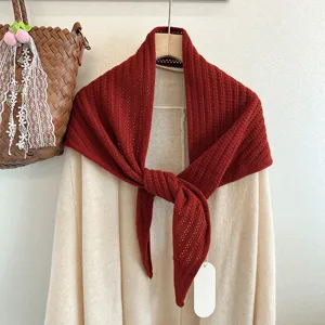 Red wool knit triangle scarf for women, warm lazy style fashion chic winter shawl.