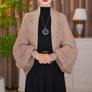 Knitted diamond hollow cardigan detail, stylish autumn winter short outer shawl sweater top.