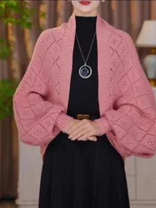 Pink knitted cardigan detail, hollow out diamond pattern sweater coat, casual chic women top