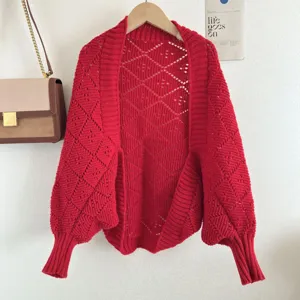 Red knitted cardigan for women, autumn winter casual diamond pattern long sleeve sweater coat.