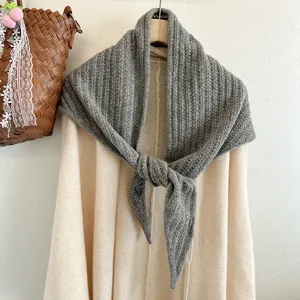Grey wool knit triangular scarf stylish cozy winter shawl warm soft neck wrap for women