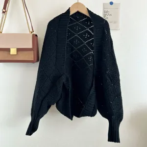 Black knit cardigan detail, diamond hollow out pattern, batwing sleeve autumn outerwear top.