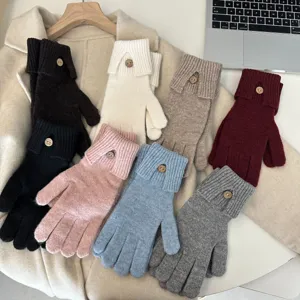 Cozy knit touchscreen gloves with cute wooden button detail in multiple stylish solid colors.