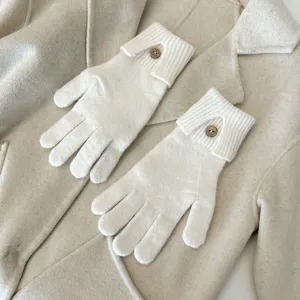 Solid color knit touchscreen gloves with elegant wooden button, warm winter gear for women