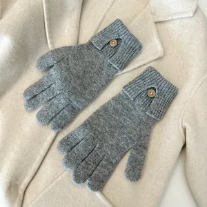 Grey knitted gloves with single wooden button warm winter touch screen daily wear warm chic accessories