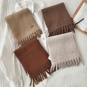 Cozy winter short fringed wool scarf for women and men, classic solid color warm neck wrap.