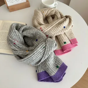 Winter warm knitted scarf with colorful dots and contrast hem for women and couples cozy casual.