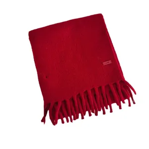 Red winter wool scarf for women men, cozy warm short fringe tassel neck warmer apparel.