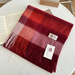 Detailed shot of a soft red and pink plaid wool scarf with cute tassels and brand label.