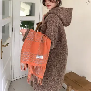 Korean classic wool plaid fringed scarf for autumn and winter, warm and cozy winter accessory.