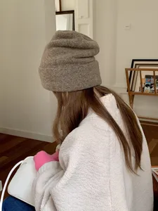Autumn winter warm brown knit beanie hat, soft wool blend slouchy cap for women daily wear.