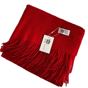 Cozy 100% pure wool winter scarf with elegant fringe solid red warm gift fashion accessory