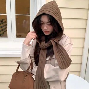 Knitted balaclava hooded scarf for women, winter warm neck warmer and fashion winter hat.