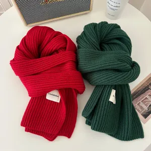 Cozy winter knitted scarf in red and dark green solid colors, soft warm thick woolen winter neck wear.