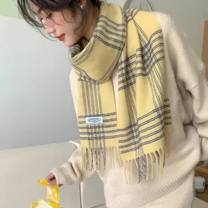 Korean classic yellow plaid wool fringe scarf for women winter warm neckerchief
