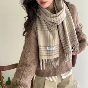 Korean style classic plaid winter warm scarf with fringe for women and men cozy tassel neck.