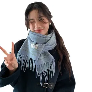 Blue plaid fringe wool scarf for women winter warm stylish cozy neck wrap elegant accessory.