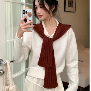 Stylish knit sweater and brown scarf set for women, cozy winter thermal wear and fashion outfit.