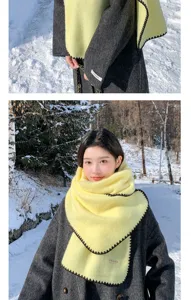Winter warm wool blend scarf with contrast dark stitched edges, cozy and stylish for women.