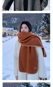 Cozy winter scarf detail, wool blend fabric with contrast stitching in snow scene, warm accessory.