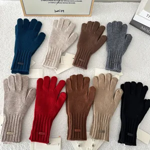 Solid color warm winter five-finger knitted gloves for women versatile touch screen knit mitts