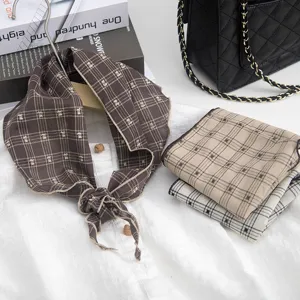 Women Spring Grid Embroidery Triangle Scarf Fashion Chic Small Neck Scarf Bag Ribbon Hair Band Scarf Polyester Accessories