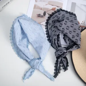 Women Vintage Cotton Triangle Scarf Lace Trim Polka Dot Plaid Fashion Neck Scarf Daily Matching Head Scarf