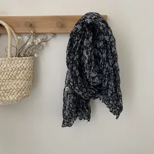 Vintage crinkled floral scarf for women, lightweight cotton linen shawl for daily wear.