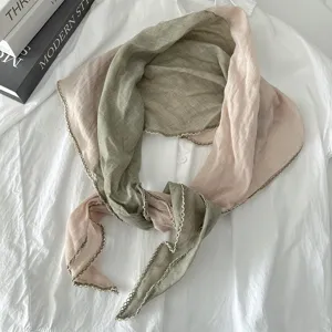Two-tone cotton linen scarf diamond square wrap stylish pink green spring autumn shawl