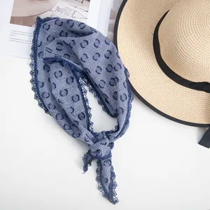 Vintage blue white checkered bandana with delicate lace trim, pastoral style silk-like scarf.