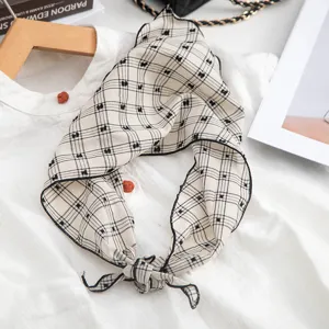 Korean style plaid embroidered mini scarf spring thin neckerchief hair band bag ribbon