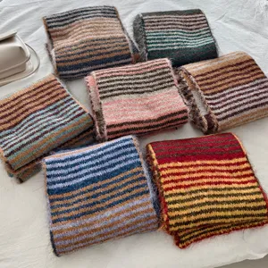 Korean style double sided color block striped knitted scarf winter warm wool neck warmer