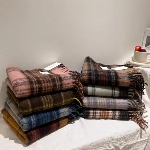 Winter vintage plaid fringe scarf cozy warm retro check shawl for women daily winter wear